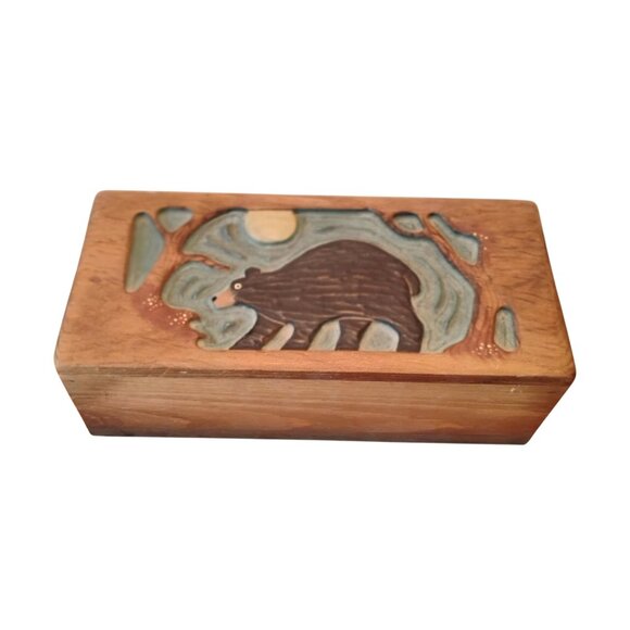 Chicken Creek Folk Art Large Carved Wood Box Bear in the Moonlight12" Wide - Picture 1 of 9